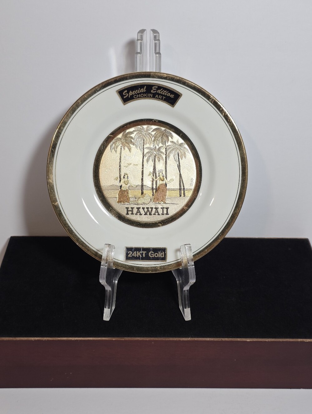 Vintage Chokin Art Hawaii Plate 24KT Gold Accent Hula Dancers 6" Collector